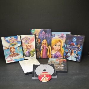 a collection of Disney princess movies, Tangled, Sophia, Enchanted, Brave, more